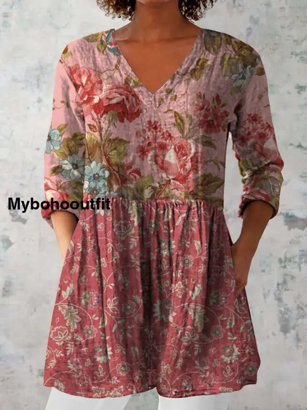 Elegant Boho Floral Print V-Neck Pattern Vintage Loose Long Sleeve Top A / S