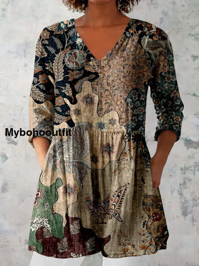 Elegant Boho Floral Print V-Neck Pattern Vintage Loose Long Sleeve Top A / S