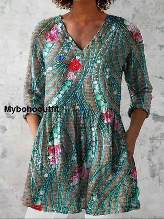 Elegant Boho Floral Print V-Neck Pattern Vintage Loose Long Sleeve Top A / S