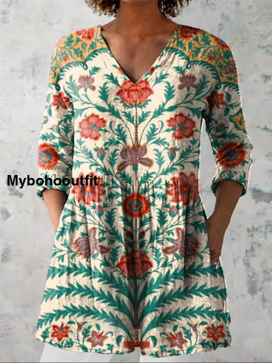 Elegant Boho Floral Print V-Neck Pattern Vintage Loose Long Sleeve Top A / S