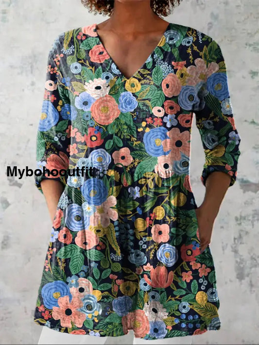 Elegant Boho Floral Print V-Neck Pattern Vintage Loose Long Sleeve Top A / S
