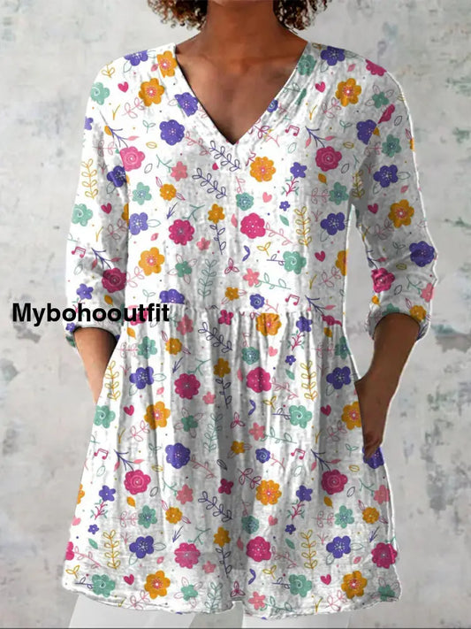 Elegant Boho Floral Print V-Neck Pattern Vintage Loose Long Sleeve Top A / S