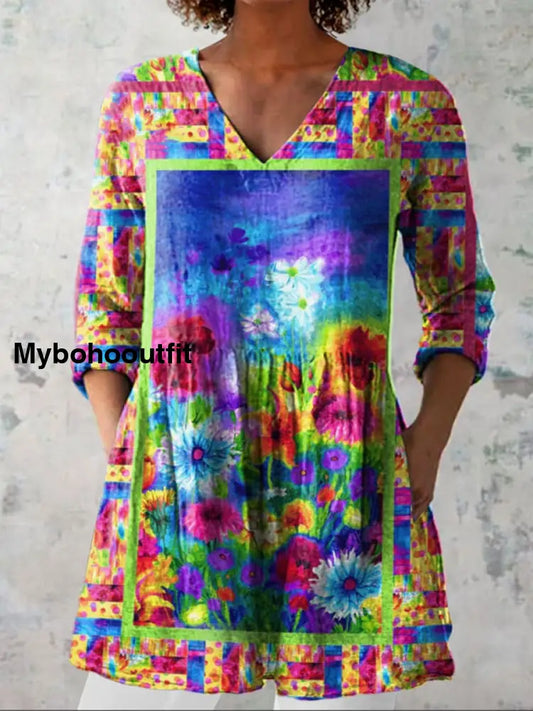 Elegant Boho Floral Print V-Neck Pattern Vintage Loose Long Sleeve Top A / S