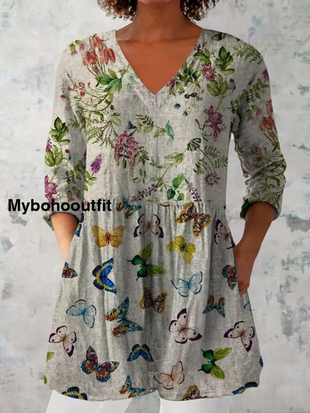 Elegant Boho Floral Print V-Neck Pattern Vintage Loose Long Sleeve Top A / S