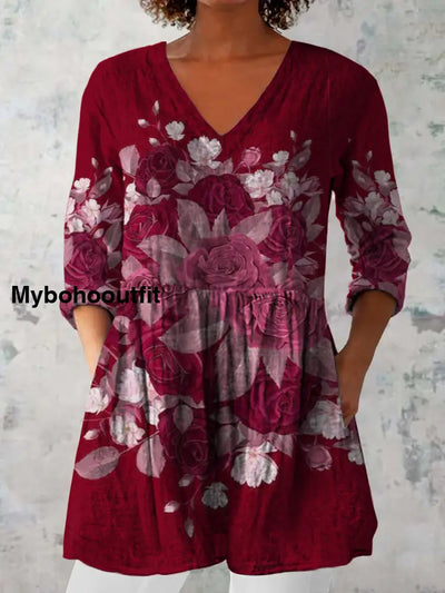 Elegant Boho Floral Print V-Neck Pattern Vintage Loose Long Sleeve Top A / S