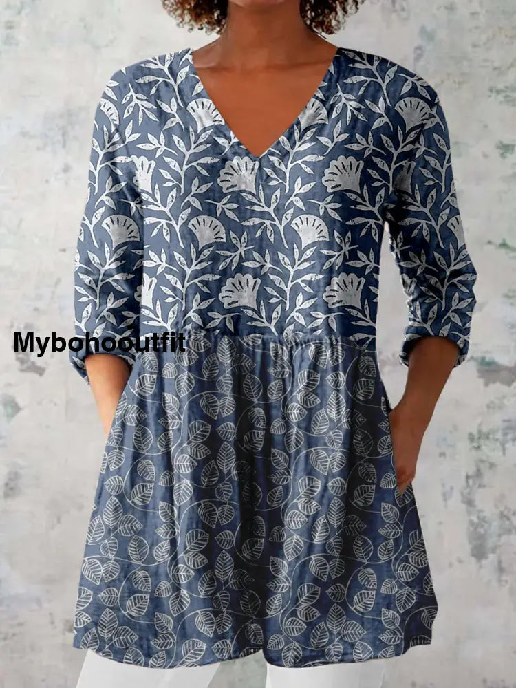 Elegant Boho Floral Print V-Neck Pattern Vintage Loose Long Sleeve Top A / S