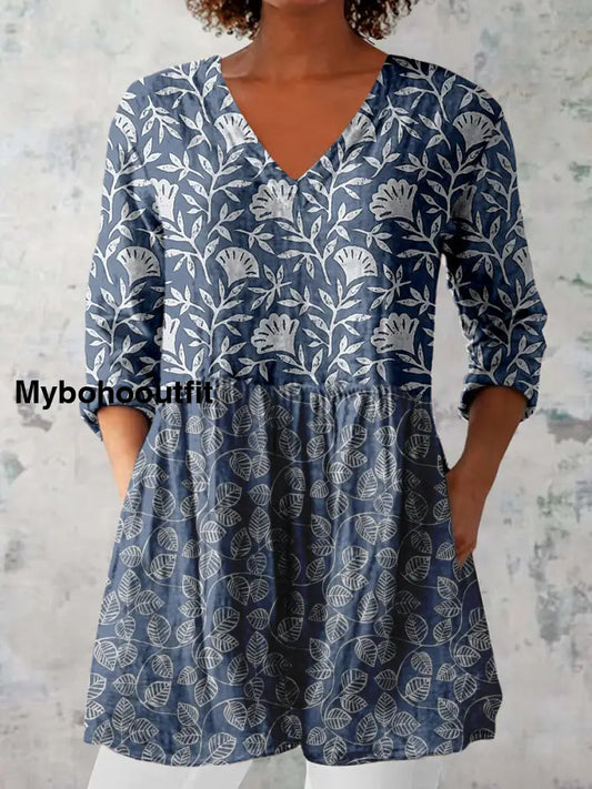 Elegant Boho Floral Print V-Neck Pattern Vintage Loose Long Sleeve Top A / S