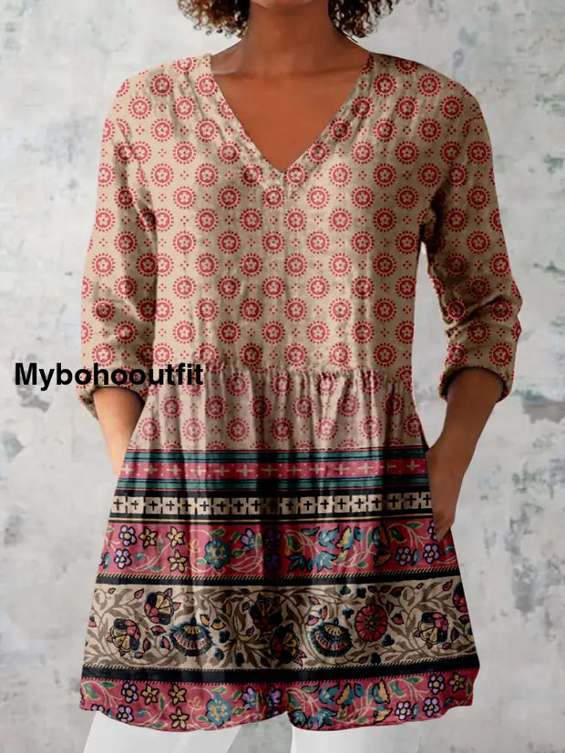 Elegant Boho Floral Print V-Neck Pattern Vintage Loose Long Sleeve Top A / S