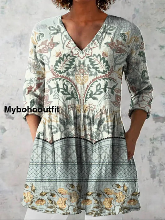 Elegant Boho Floral Print V-Neck Pattern Vintage Loose Long Sleeve Top A / S