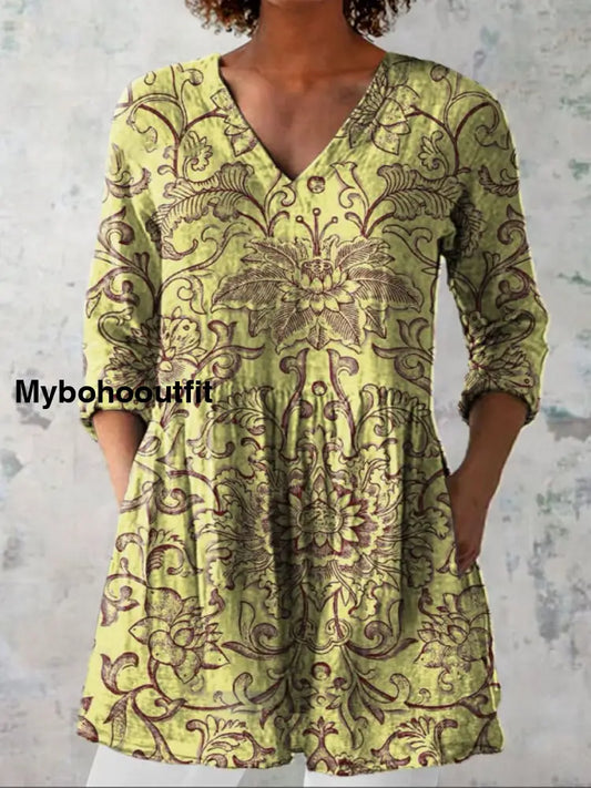 Elegant Boho Floral Print V-Neck Pattern Vintage Loose Long Sleeve Top A / S