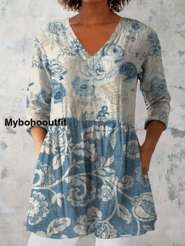 Elegant Boho Floral Print V-Neck Pattern Vintage Loose Long Sleeve Top A / S