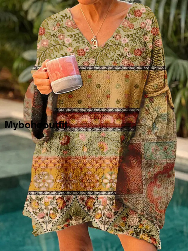 Elegant Boho Floral Print Vintage Loose Chic V-Neck Long Sleeve Thick Knit Sweater A / S