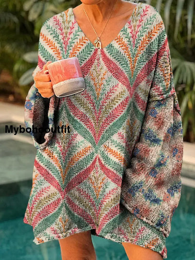 Elegant Boho Floral Print Vintage Loose Chic V-Neck Long Sleeve Thick Knit Sweater A / S