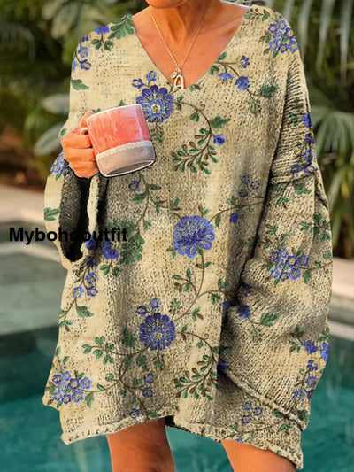 Elegant Boho Floral Print Vintage Loose Chic V-Neck Long Sleeve Thick Knit Sweater A / S