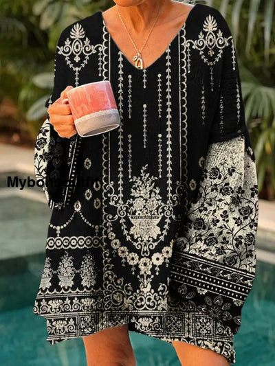 Elegant Boho Floral Print Vintage Loose Chic V-Neck Long Sleeve Thick Knit Sweater A / S