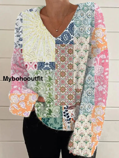 Elegant Boho Retro Floral Print Vintage Chic V-Neck Long Sleeve Thick Knit Sweater A / S