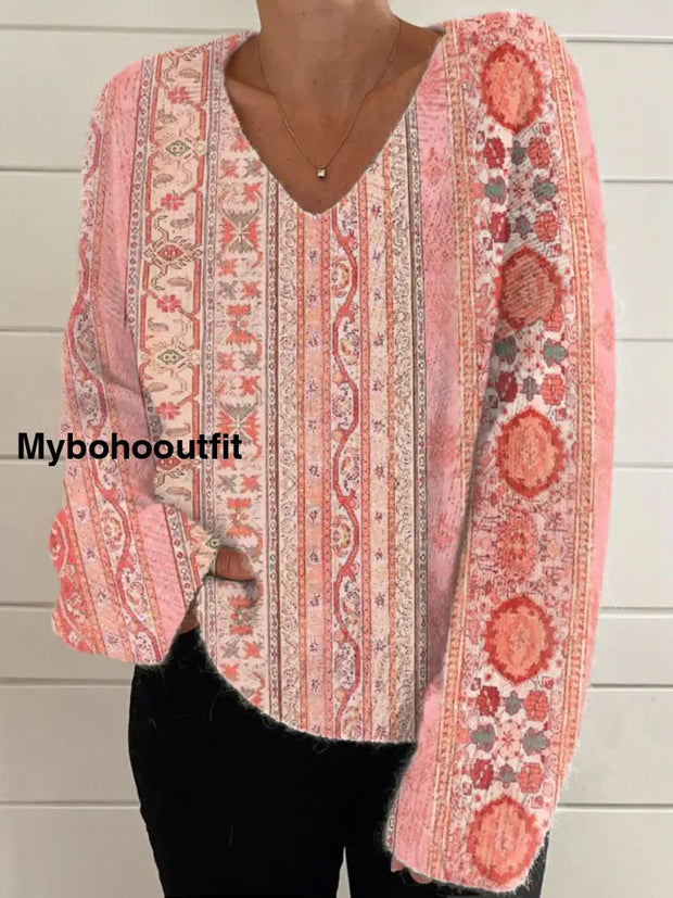 Elegant Boho Retro Floral Print Vintage Chic V-Neck Long Sleeve Thick Knit Sweater A / S