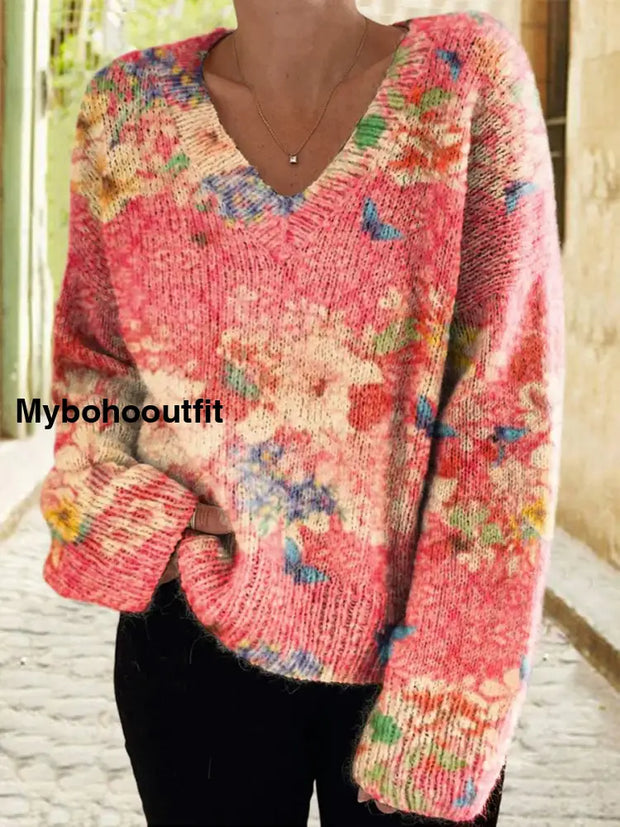 Elegant Boho Retro Floral Print Vintage Chic V-Neck Long Sleeve Thick Knit Sweater A / S