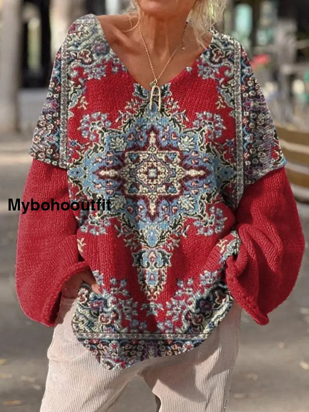 Elegant Retro Boho Art Print Vintage Loose Chic V-Neck Long Sleeve Thick Knit Sweater A / S