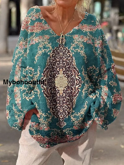 Elegant Retro Boho Art Print Vintage Loose Chic V-Neck Long Sleeve Thick Knit Sweater A / S