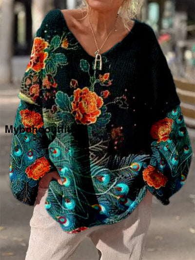 Elegant Retro Boho Floral Print Vintage Loose Chic V-Neck Long Sleeve Thick Knit Sweater A / S