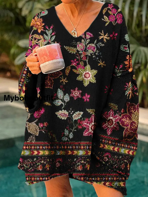 Elegant Retro Boho Floral Print Vintage Loose Chic V-Neck Long Sleeve Thick Knit Sweater A / S