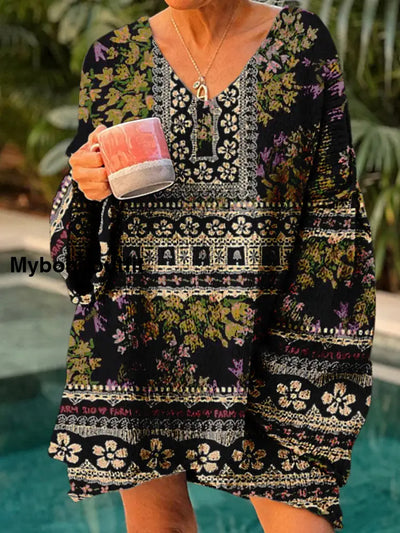 Elegant Retro Boho Floral Print Vintage Loose Chic V-Neck Long Sleeve Thick Knit Sweater A / S