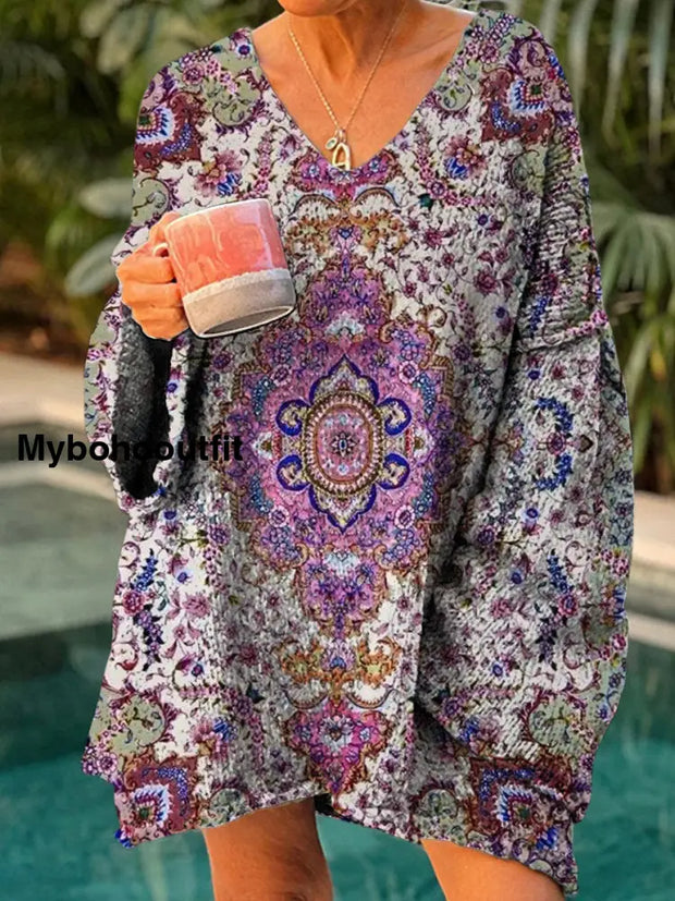 Elegant Retro Boho Floral Print Vintage Loose Chic V-Neck Long Sleeve Thick Knit Sweater A / S