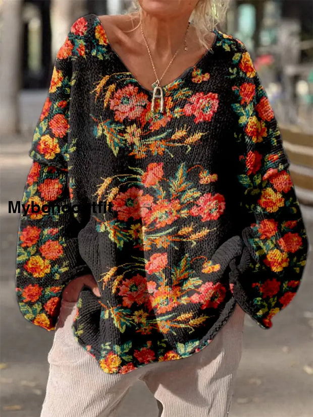 Elegant Retro Boho Floral Print Vintage Loose Chic V-Neck Long Sleeve Thick Knit Sweater A / S