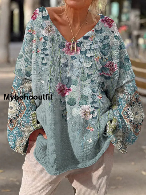 Elegant Retro Boho Floral Print Vintage Loose Chic V-Neck Long Sleeve Thick Knit Sweater A / S