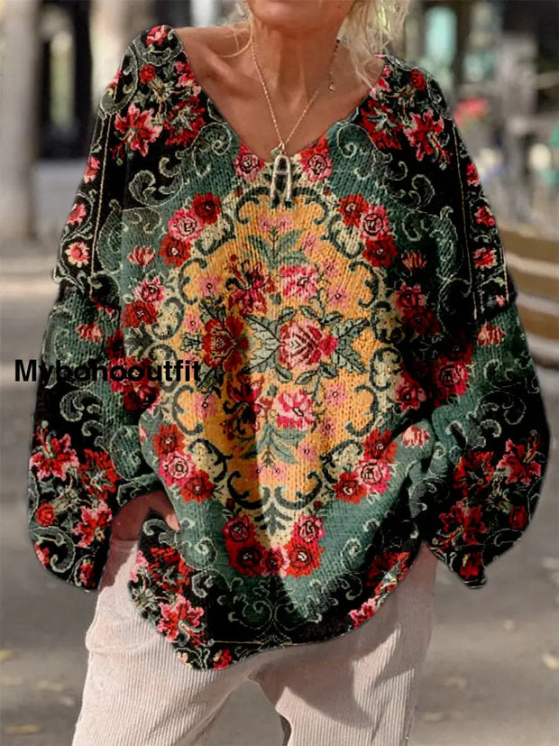 Elegant Retro Boho Floral Print Vintage Loose Chic V-Neck Long Sleeve Thick Knit Sweater A / S