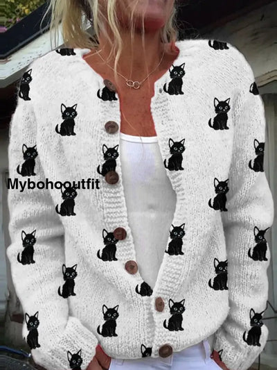 Elegant Retro Cute Cat Print Buttoned Casual Long-Sleeved Knit Cardigan Sweater A / S