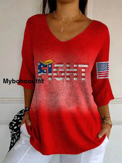 Elegant Retro Flag Art Print V-Neck Loose Mid-Length Sleeve Top A / S