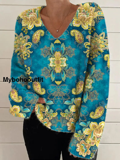 Elegant Retro Floral Print Vintage Chic V-Neck Long Sleeve Thick Knit Sweater A / S