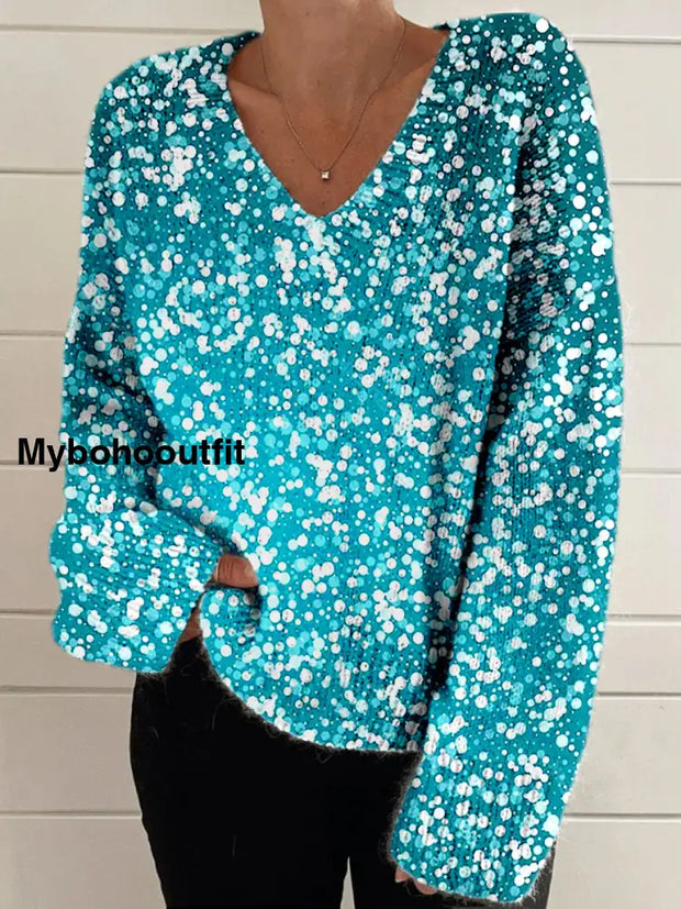 Elegant Retro Floral Print Vintage Chic V-Neck Long Sleeve Thick Knit Sweater A / S