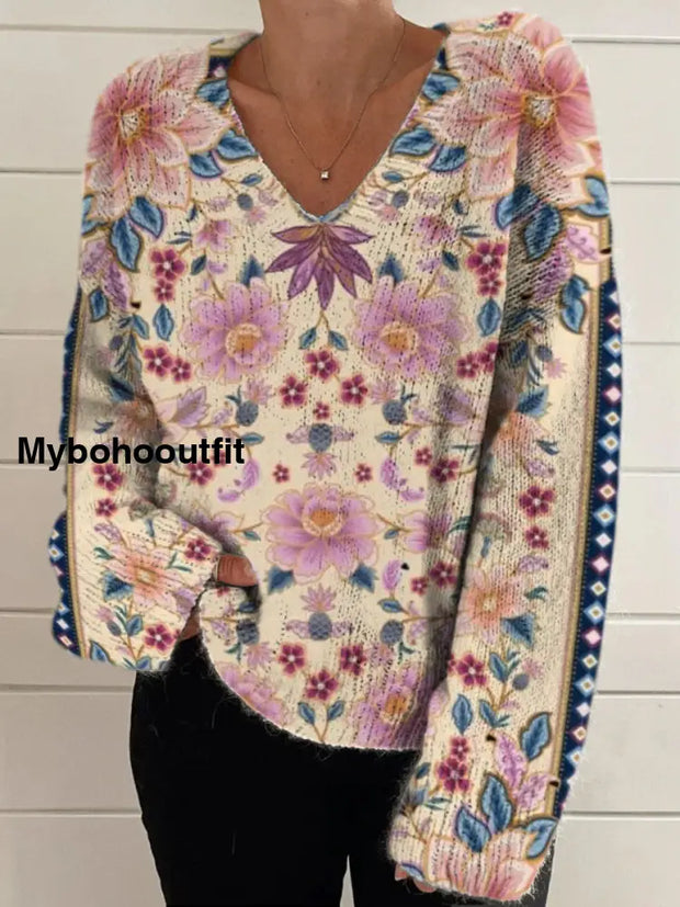 Elegant Retro Floral Print Vintage Chic V-Neck Long Sleeve Thick Knit Sweater A / S