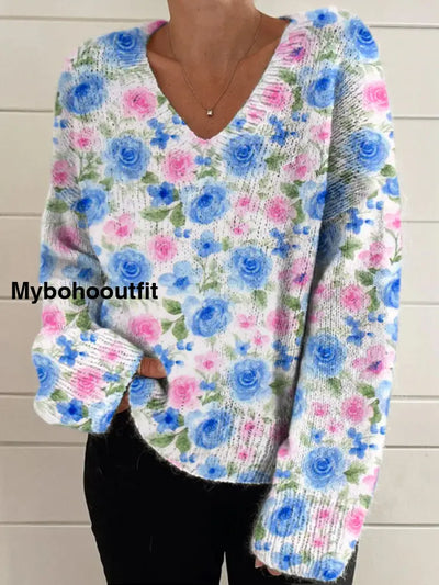 Elegant Retro Floral Print Vintage Chic V-Neck Long Sleeve Thick Knit Sweater A / S