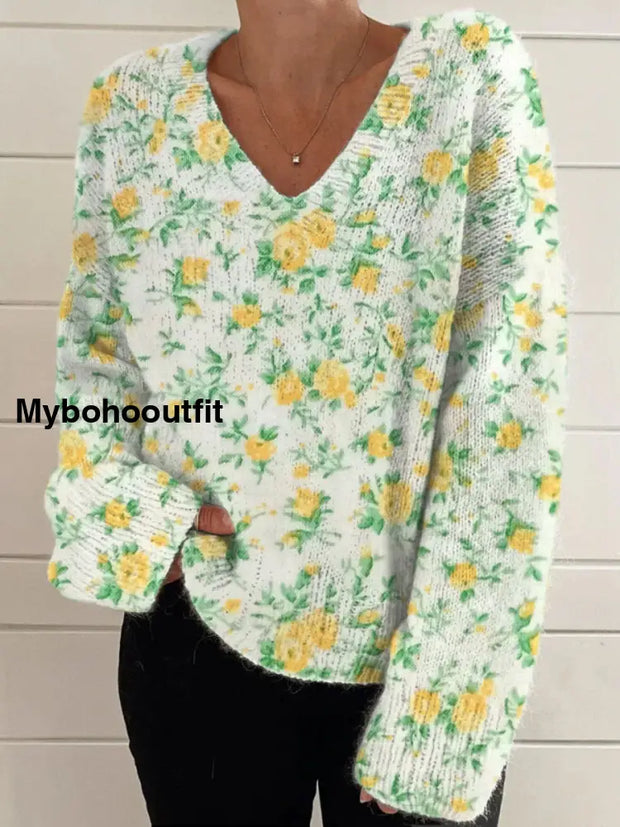 Elegant Retro Floral Print Vintage Chic V-Neck Long Sleeve Thick Knit Sweater A / S