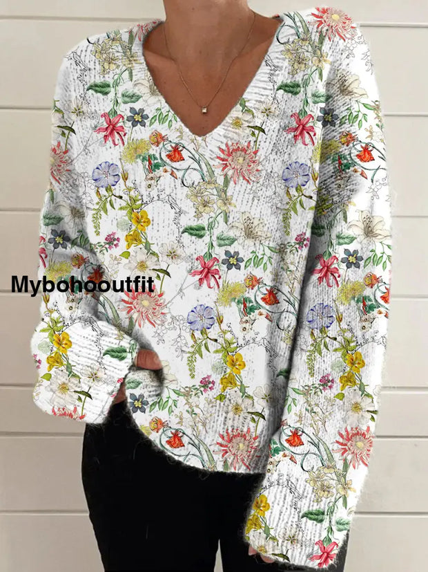 Elegant Retro Floral Print Vintage Chic V-Neck Long Sleeve Thick Knit Sweater A / S