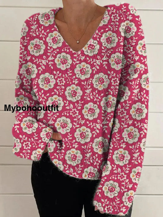 Elegant Retro Floral Print Vintage Chic V-Neck Long Sleeve Thick Knit Sweater A / S