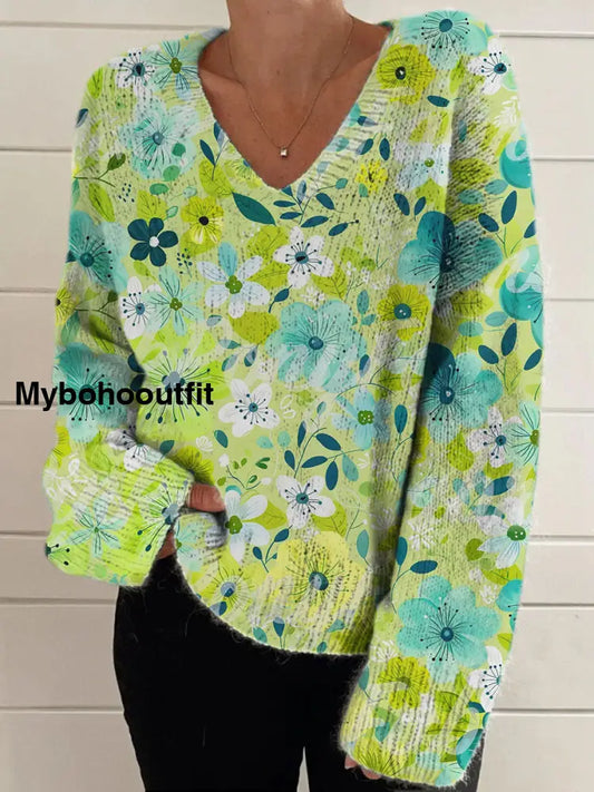 Elegant Retro Floral Print Vintage Chic V-Neck Long Sleeve Thick Knit Sweater A / S
