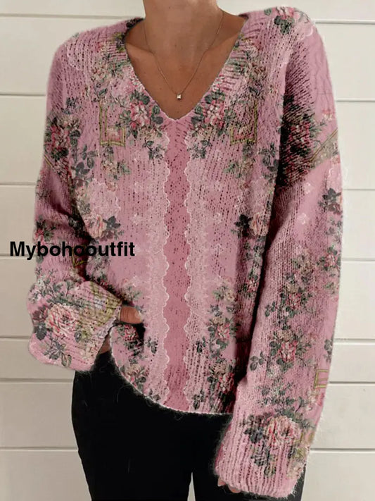 Elegant Retro Floral Print Vintage Chic V-Neck Long Sleeve Thick Knit Sweater A / S