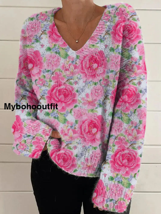 Elegant Retro Floral Print Vintage Chic V-Neck Long Sleeve Thick Knit Sweater A / S