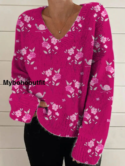 Elegant Retro Floral Print Vintage Chic V-Neck Long Sleeve Thick Knit Sweater A / S