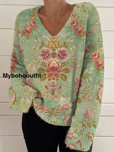 Elegant Retro Floral Print Vintage Chic V-Neck Long Sleeve Thick Knit Sweater A / S