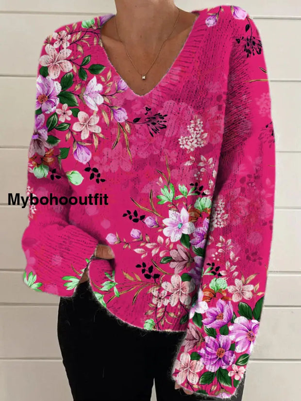 Elegant Retro Floral Print Vintage Chic V-Neck Long Sleeve Thick Knit Sweater A / S