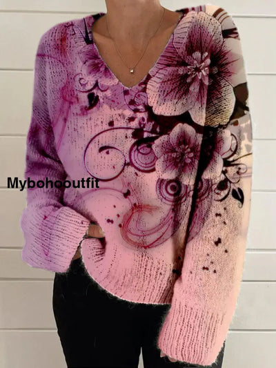 Elegant Retro Floral Print Vintage Chic V-Neck Long Sleeve Thick Knit Sweater A / S