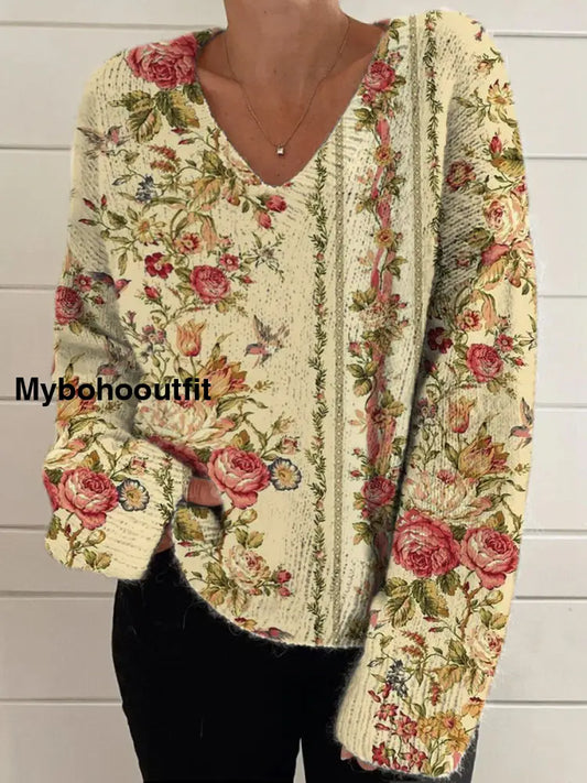 Elegant Retro Floral Print Vintage Chic V-Neck Long Sleeve Thick Knit Sweater A / S