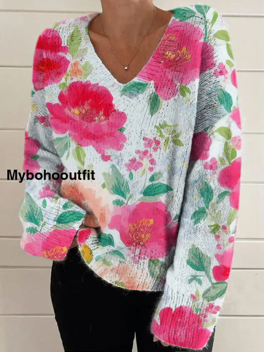 Elegant Retro Floral Print Vintage Chic V-Neck Long Sleeve Thick Knit Sweater A / S