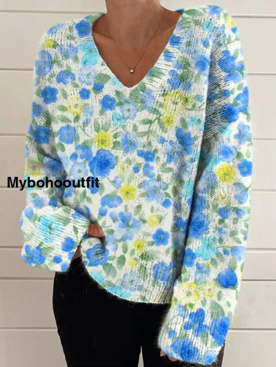 Elegant Retro Floral Print Vintage Chic V-Neck Long Sleeve Thick Knit Sweater A / S